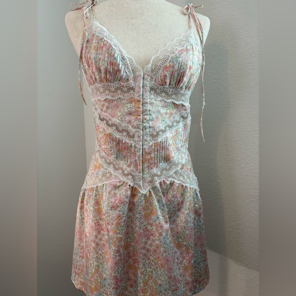 For Love And Lemons Pink and Orange Spaghetti Strap Mini Sundress